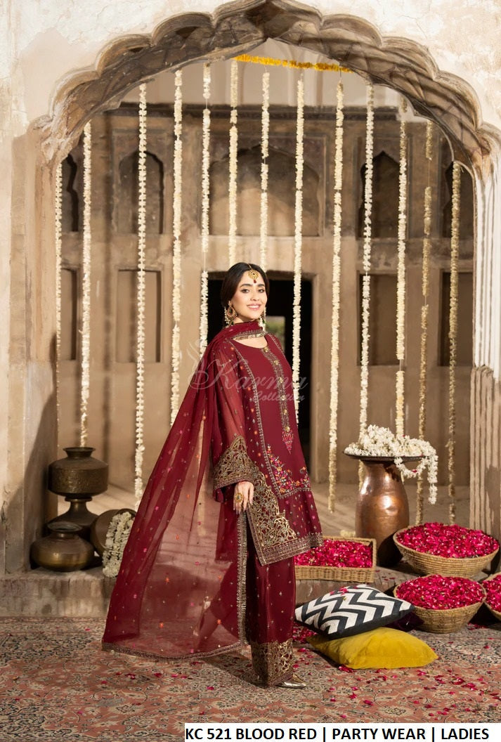 Pakistani women's blood red georgette 3D embroidered farshi shalwar outfit detail view