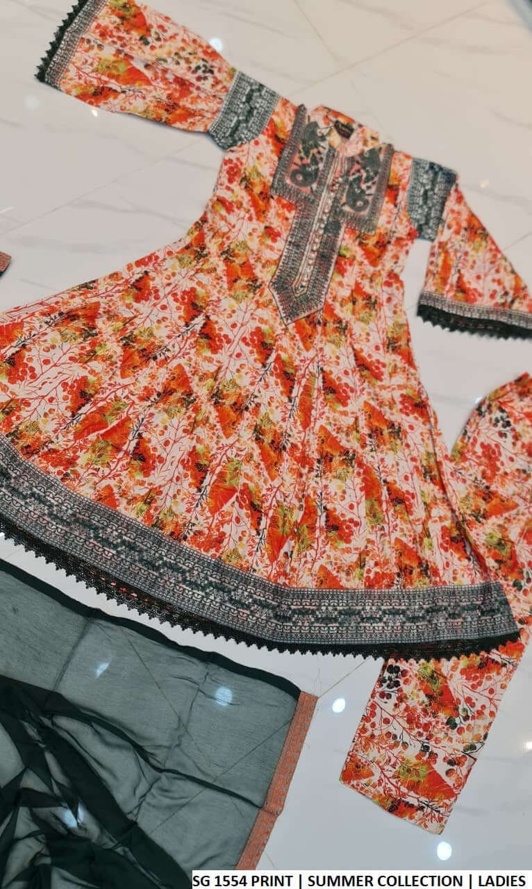 Pakistani women's lawn long frock printed casual outfit back view