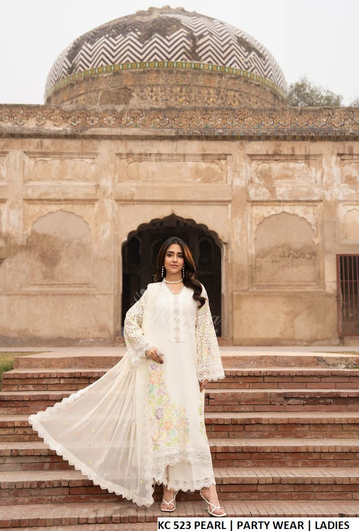 Georgette straight shirt pearl white - Pakistani women's chikankari embroidered outfit with sequins chiffon dupatta front view