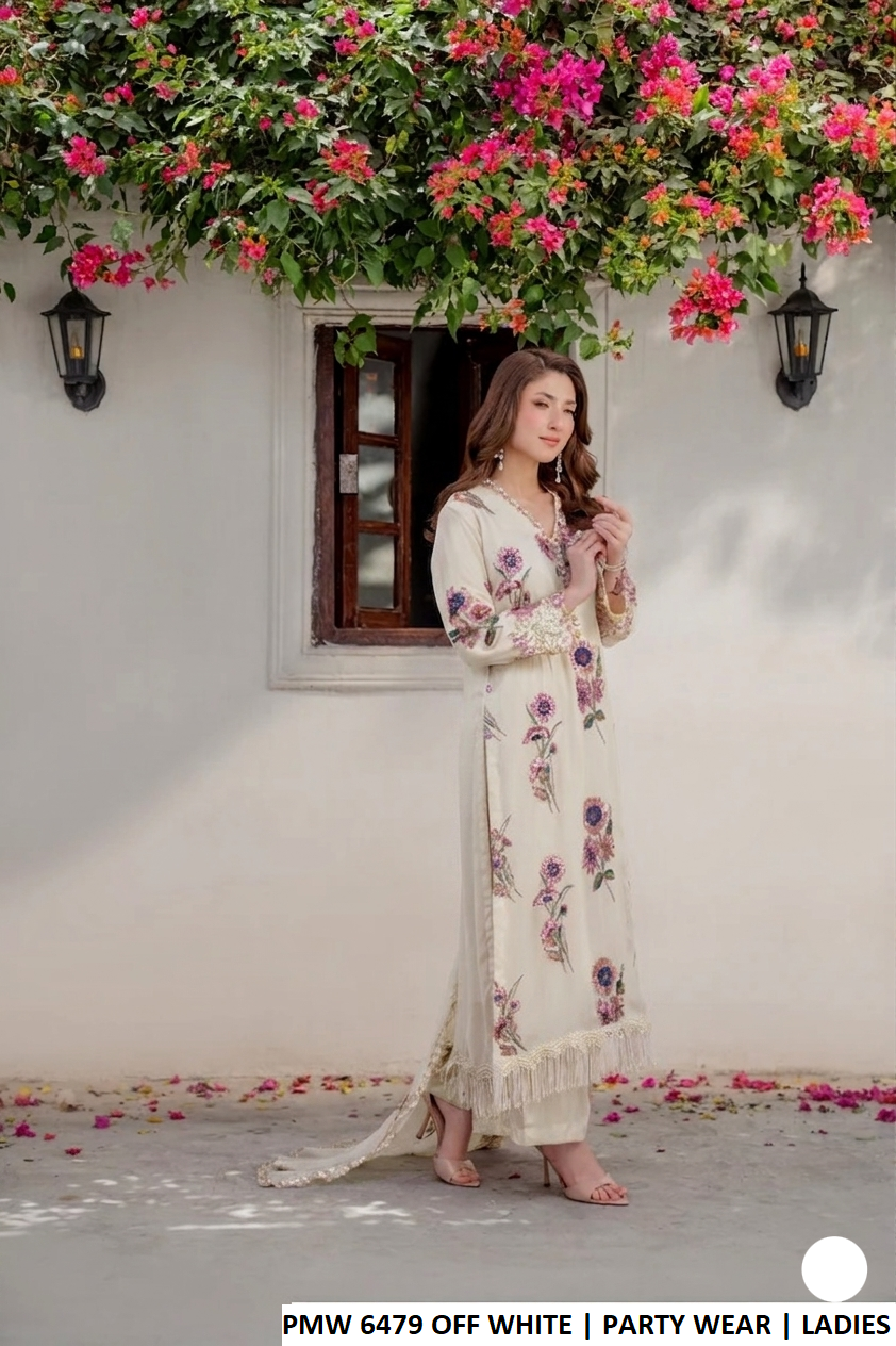 PNW 6479 OFF WHITE - Off White Chiffon 3-Piece Women's Pakistani Plazo Suit