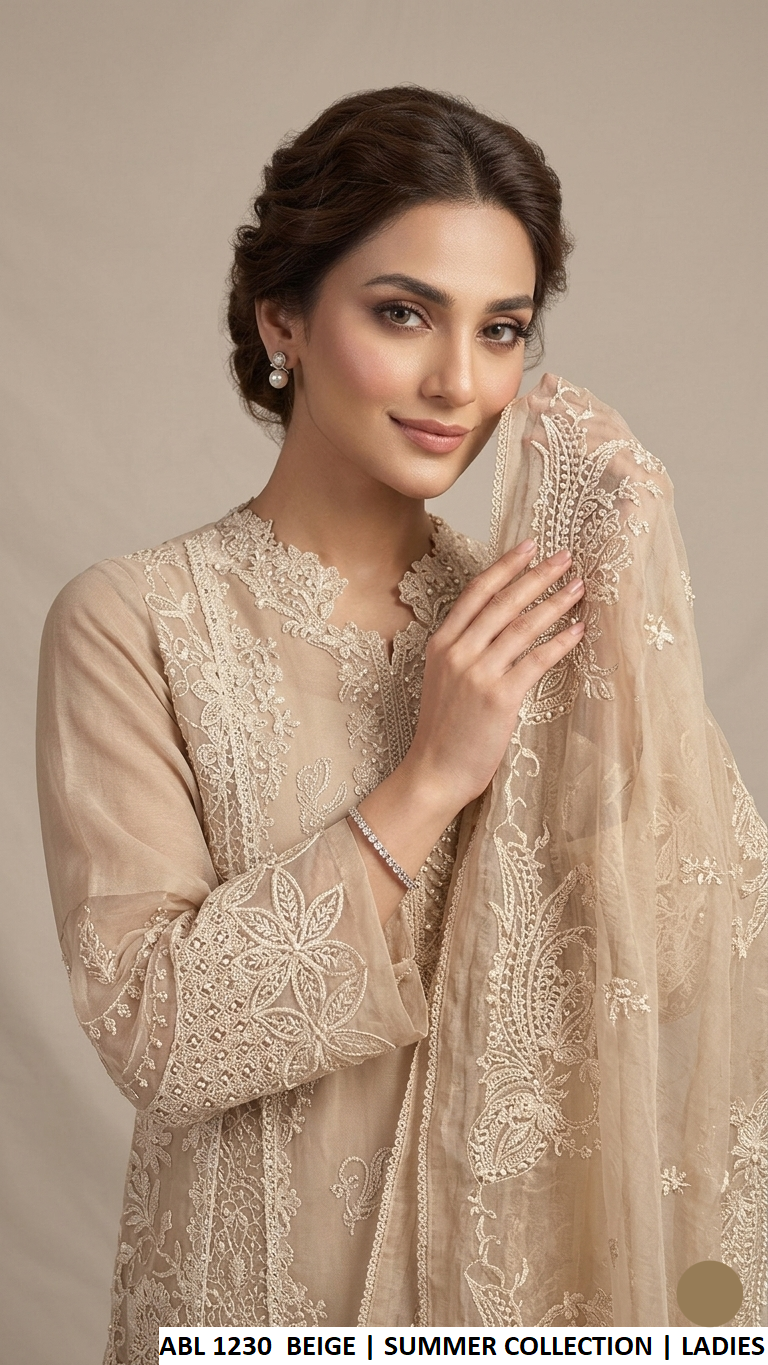 Beige khadi net Pakistani women's A-Line shirt with plazo side view