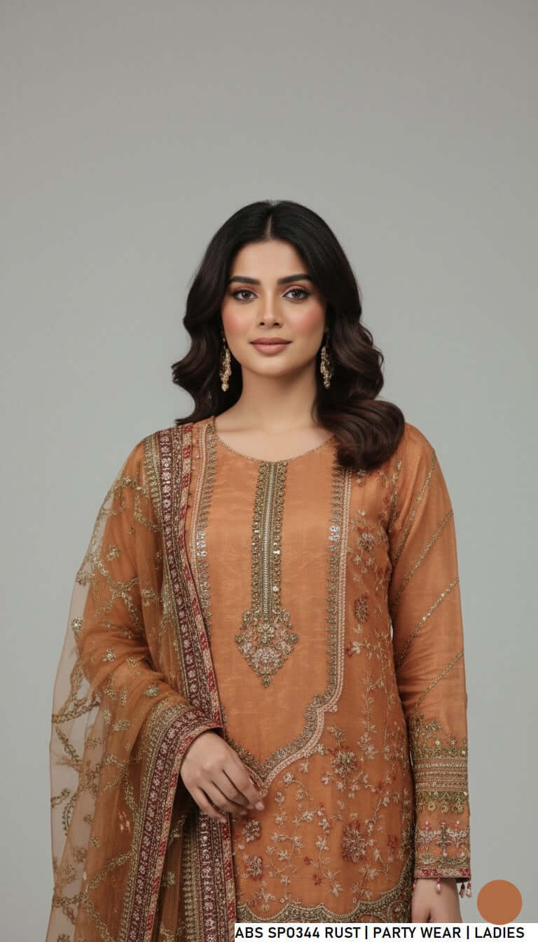 Rust masuri net Pakistani women's short shirt side view