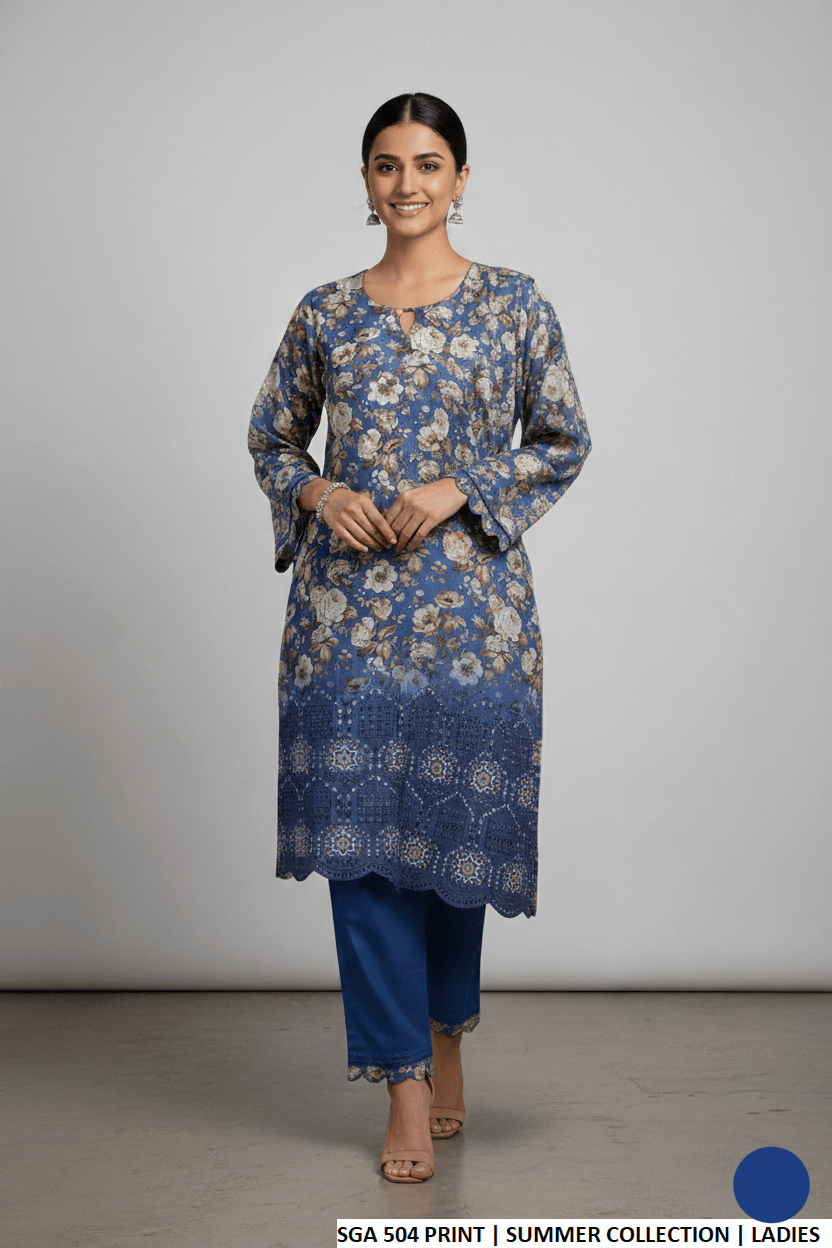 Lawn straight printed shirt - Pakistani women's casual summer outfit with cotton trouser and 2-piece dupatta front view
