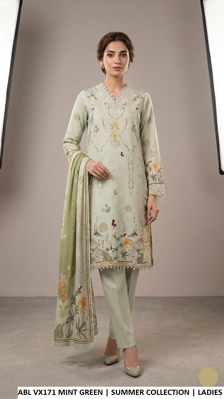 Poly lawn A-Line shirt plazo mint - Pakistani women's casual summer outfit with digital silk dupatta front view