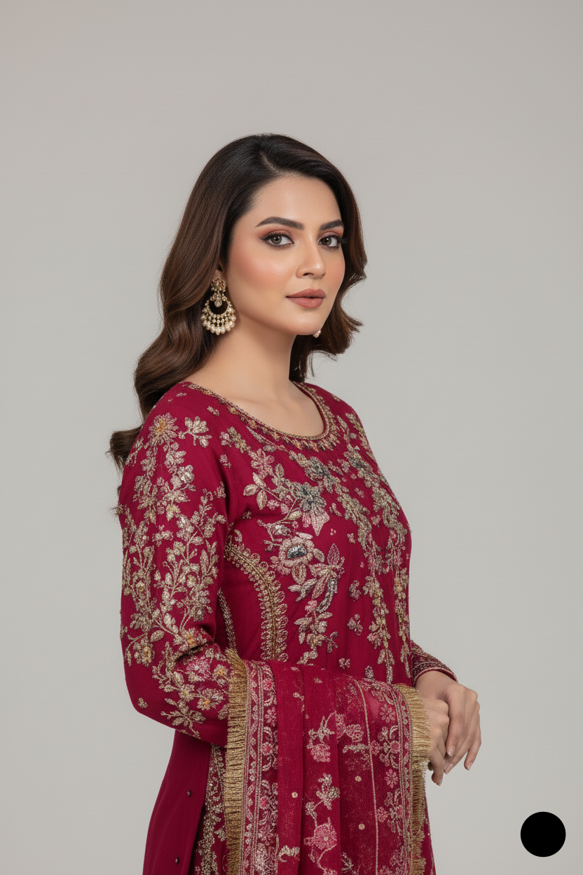 Magenta organza Pakistani women's A-Line shirt back view