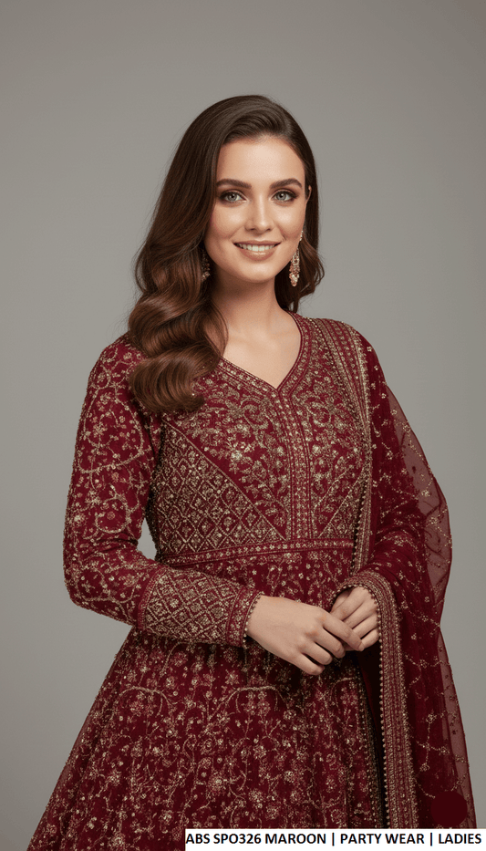 Maroon chiffon Pakistani women's straight shirt with plazo side view