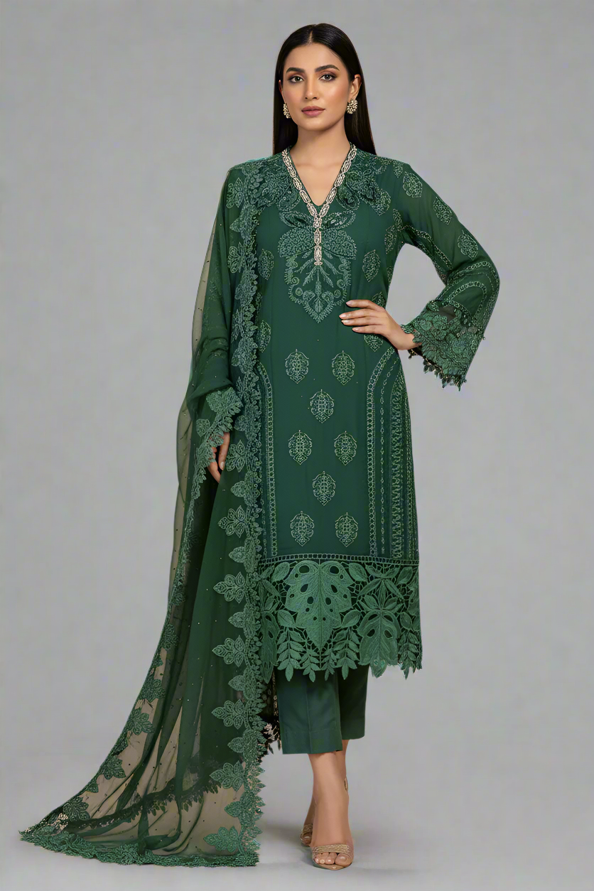 Organza A-Line shirt bottle green - Pakistani women's elegant formal wear with viscose trouser and organza dupatta front view