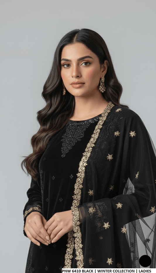 Black velvet Pakistani women's straight shirt side view