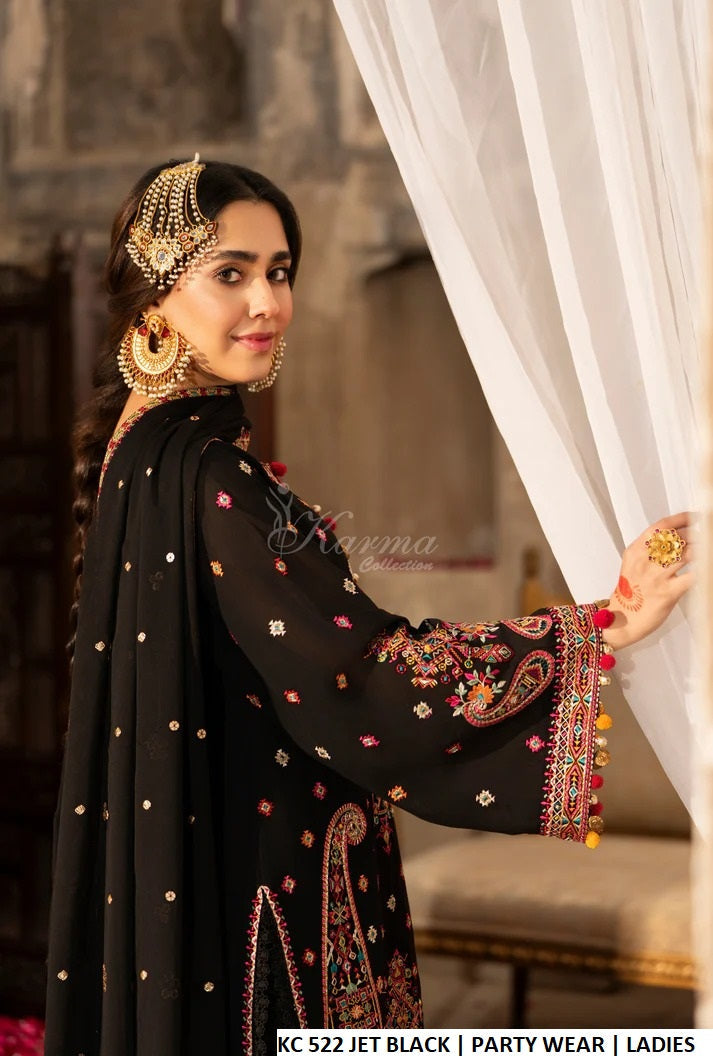 Pakistani women's jet black georgette embroidered short shirt farshi shalwar back view