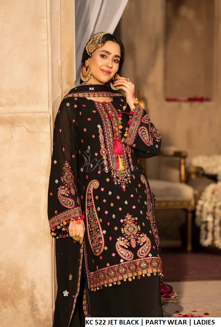 Jet black georgette Pakistani women's multi-thread embroidered short shirt side view