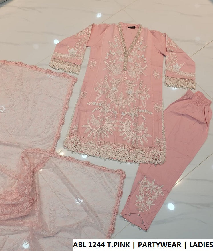 Pakistani women's tea pink khadi net straight shirt outfit back view