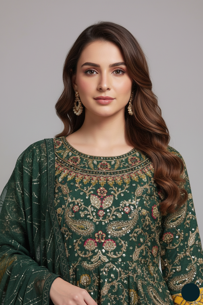 HE 1147 chiffon Pakistani women's full-flare long frock side view