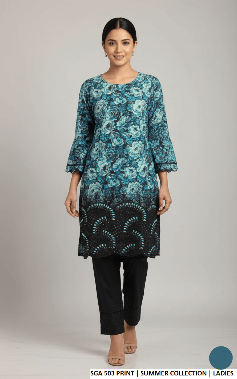 Lawn straight printed shirt - Pakistani women's casual summer outfit with cotton trouser and 2-piece dupatta front view