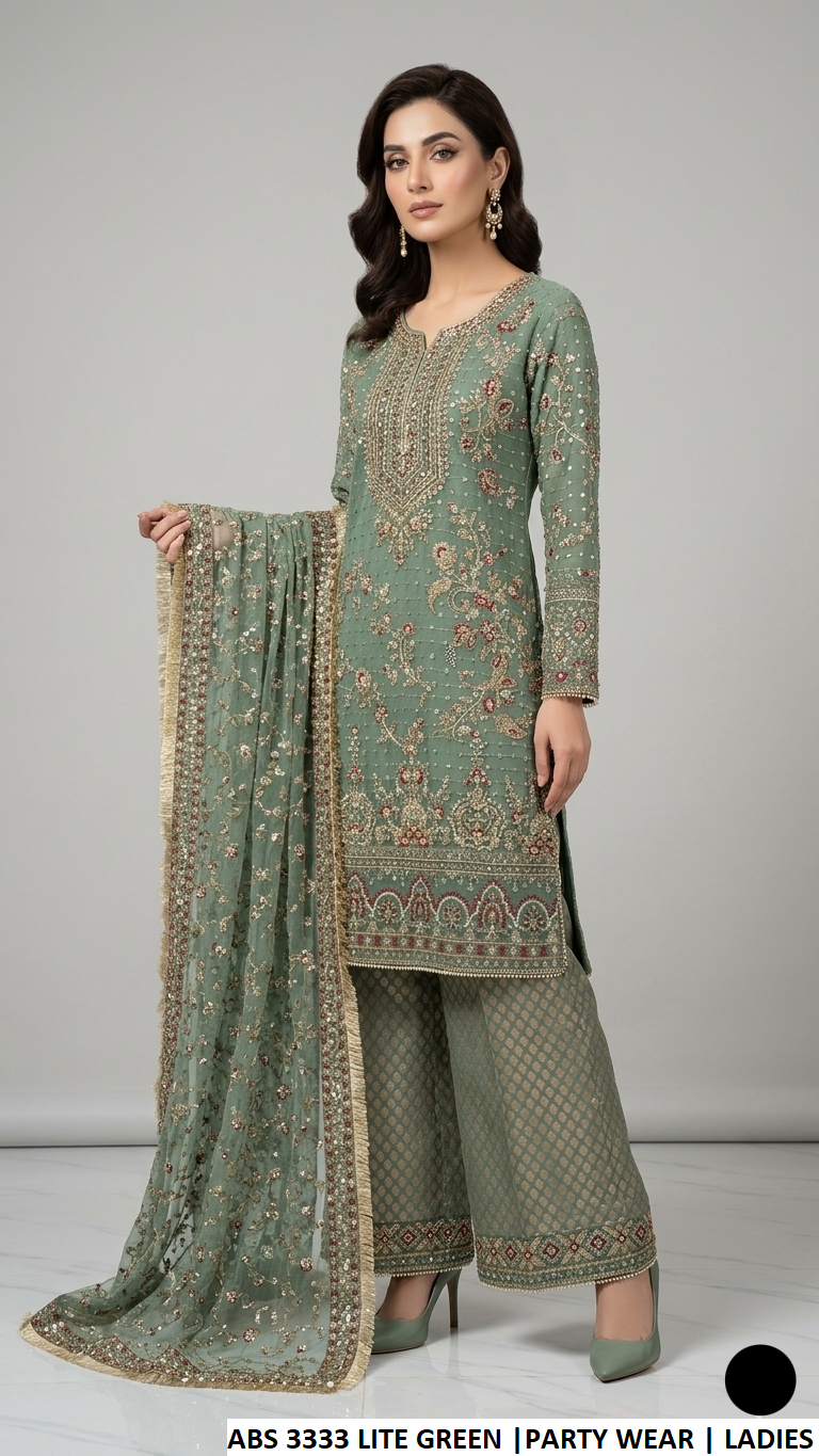 ABS 3333 LITE GREEN - Lite Green Chiffon Straight 3-Piece Women's Pakistani Suit