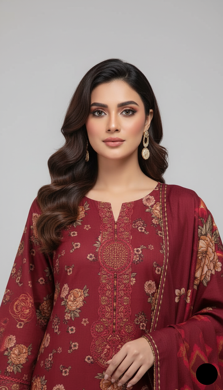 Lawn A-Line printed shirt - Pakistani women's casual summer outfit with cotton trouser and lawn dupatta front view