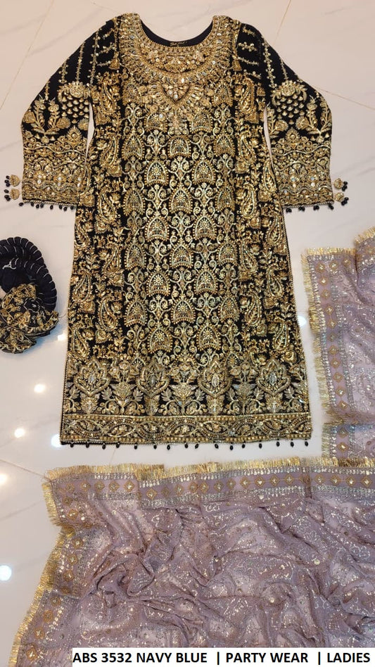 ABS 3532 NAVY BLUE - Navy Blue Chiffon 3-Piece Women's Pakistani Plazo Suit