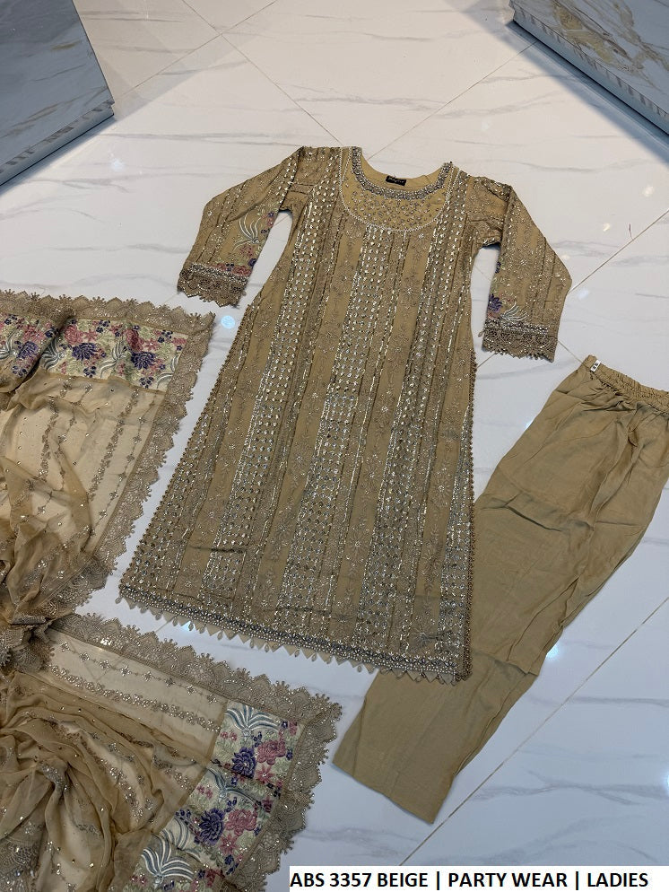 Pakistani women's beige chiffon straight shirt back view