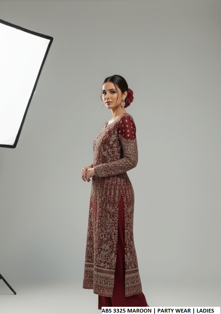 Pakistani women's maroon chiffon straight shirt back view