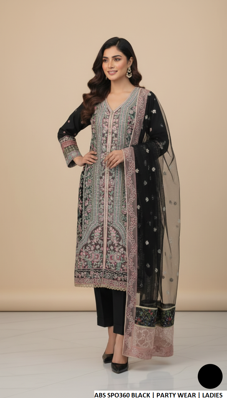 Organza straight open shirt black - Pakistani women's formal party wear with grip trouser and organza dupatta front view