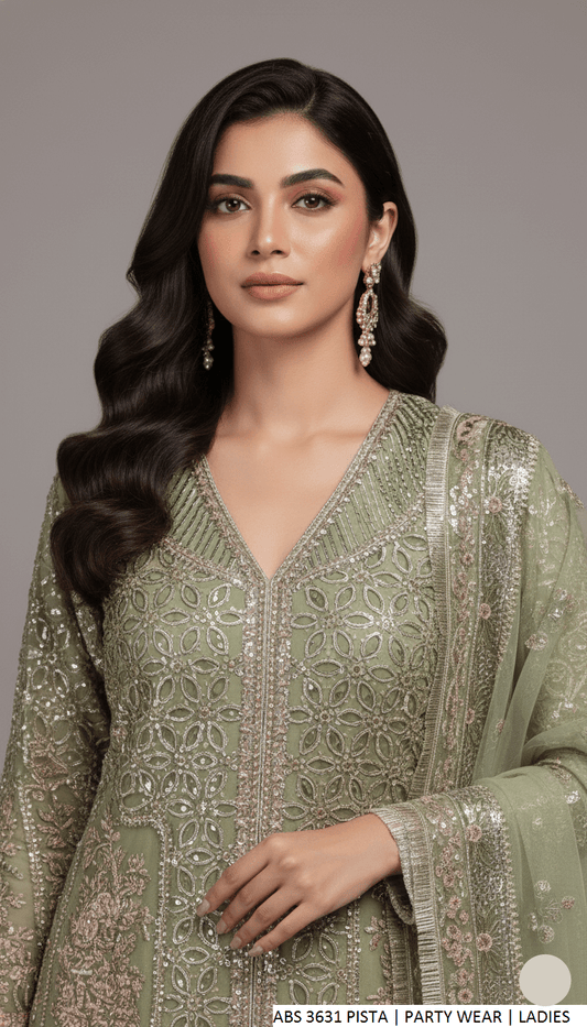 Pista green organza Pakistani women's open shirt side view