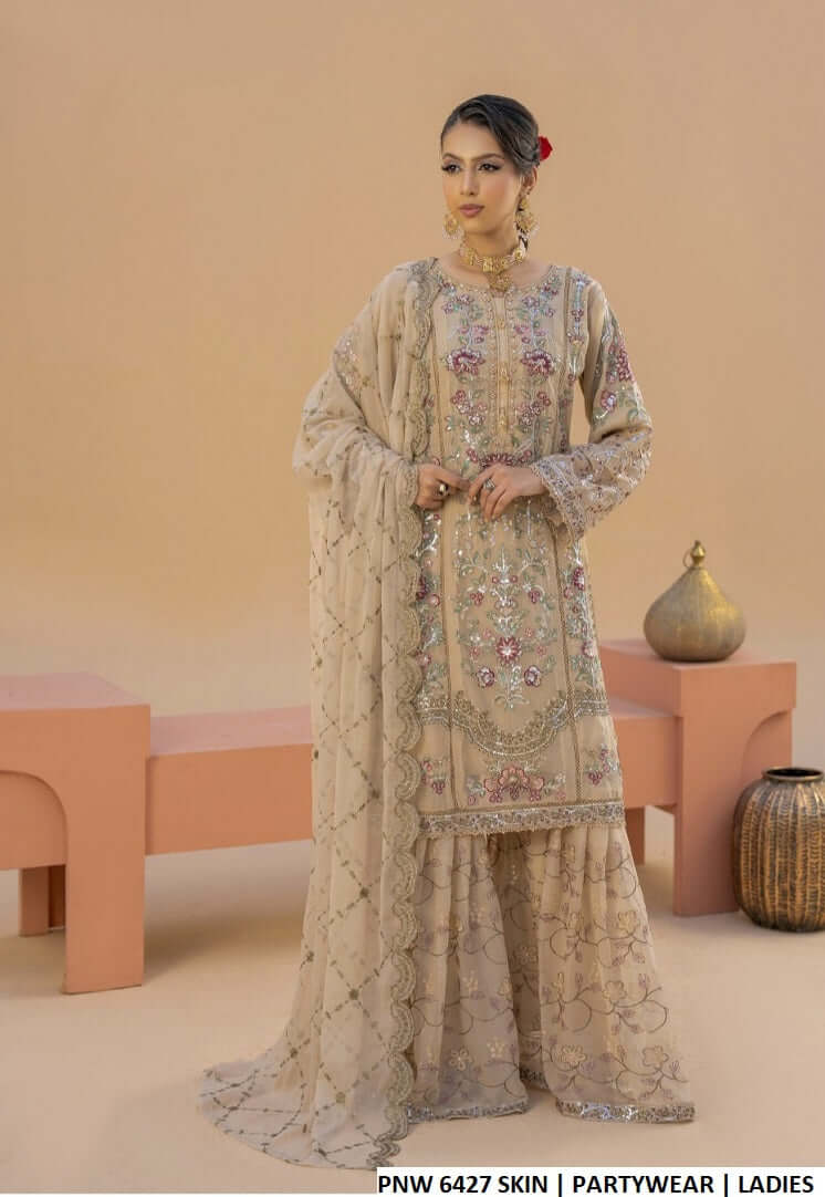 Chiffon straight shirt gharara skin - Pakistani women's festive party wear with chiffon dupatta front view