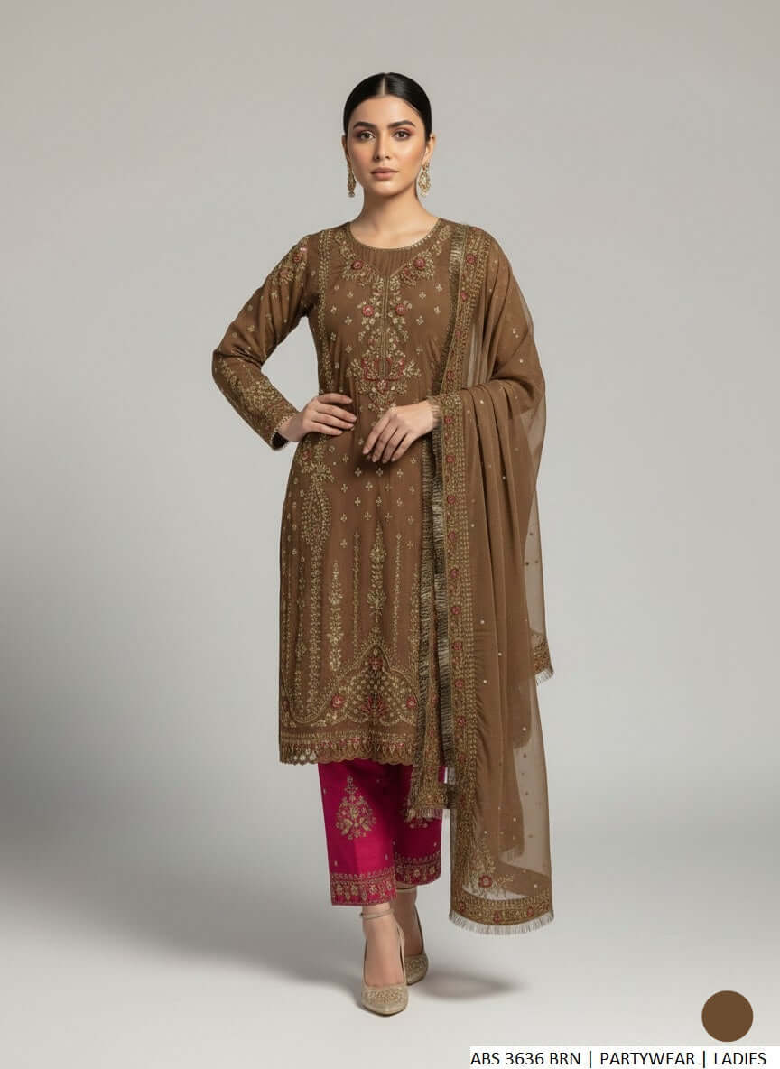 Pakistani women's brown grip straight shirt plazo detail view
