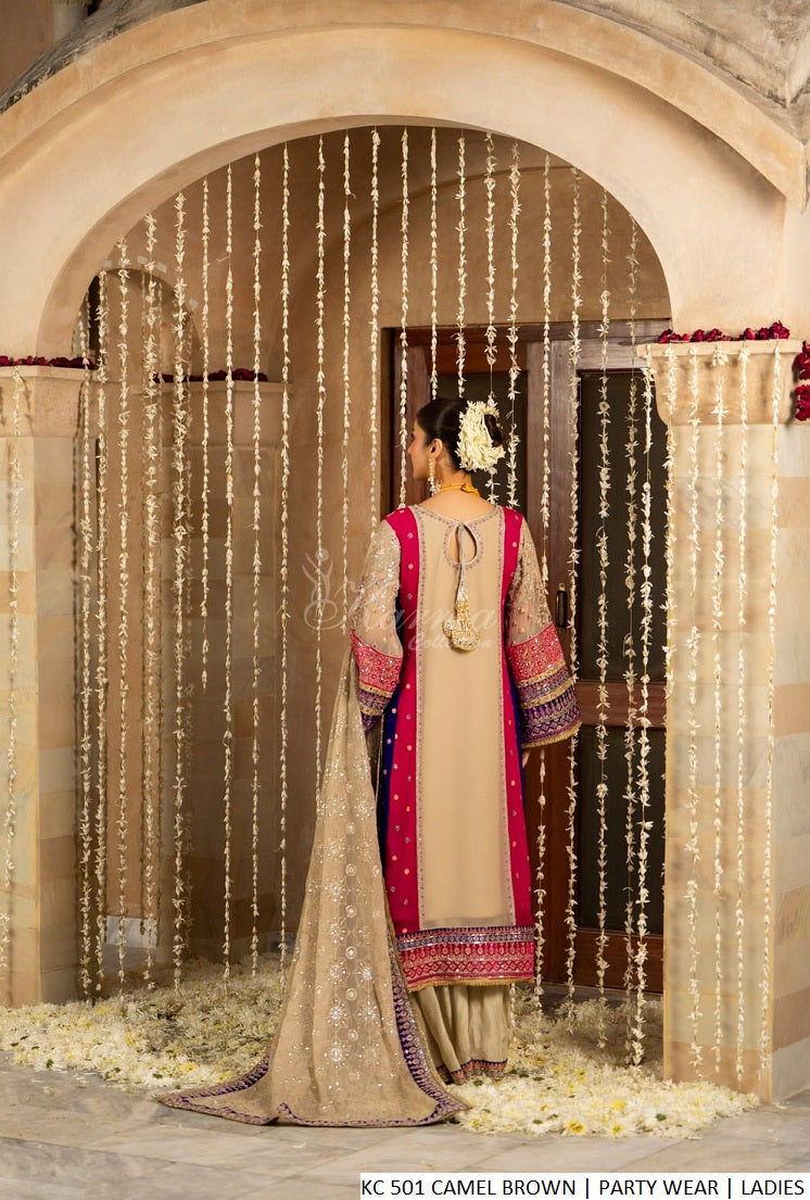 Pakistani women's camel brown chiffon long shirt back view