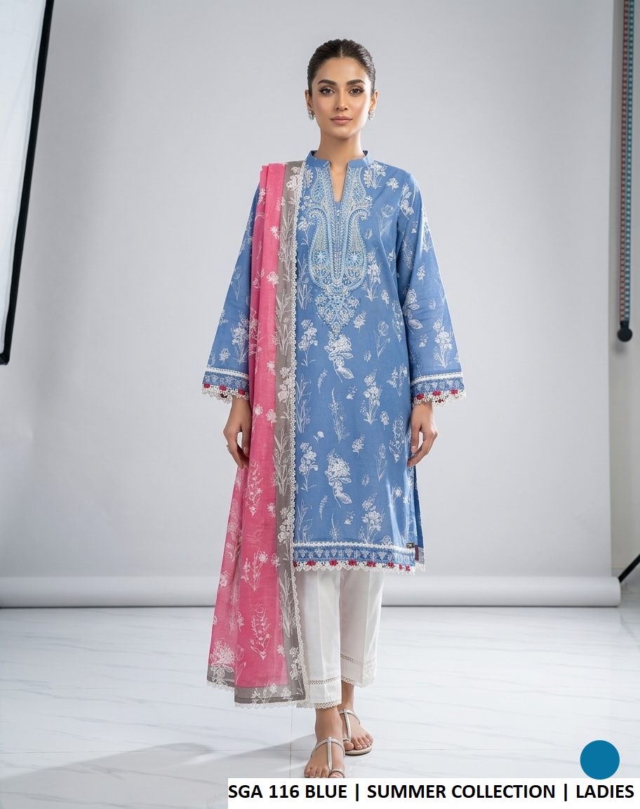 Lawn A-Line shirt blue - Pakistani women's casual summer outfit with cotton trouser and lawn dupatta front view