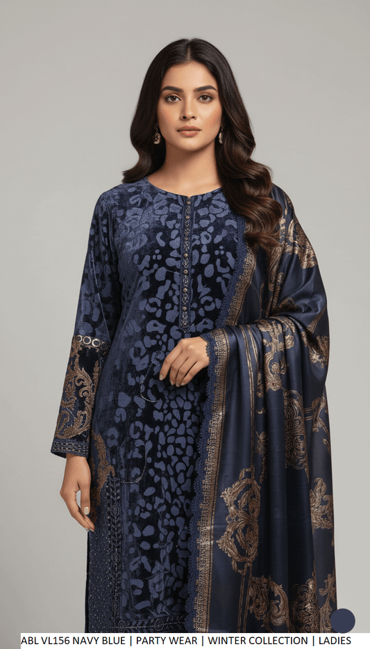 Navy blue velvet Pakistani women's straight shirt side view