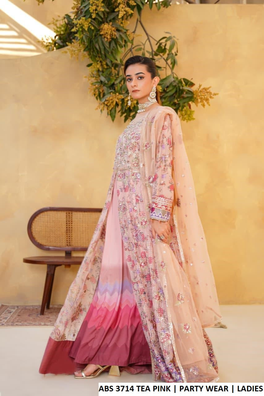 Pakistani women's tea pink chiffon long open frock detail view