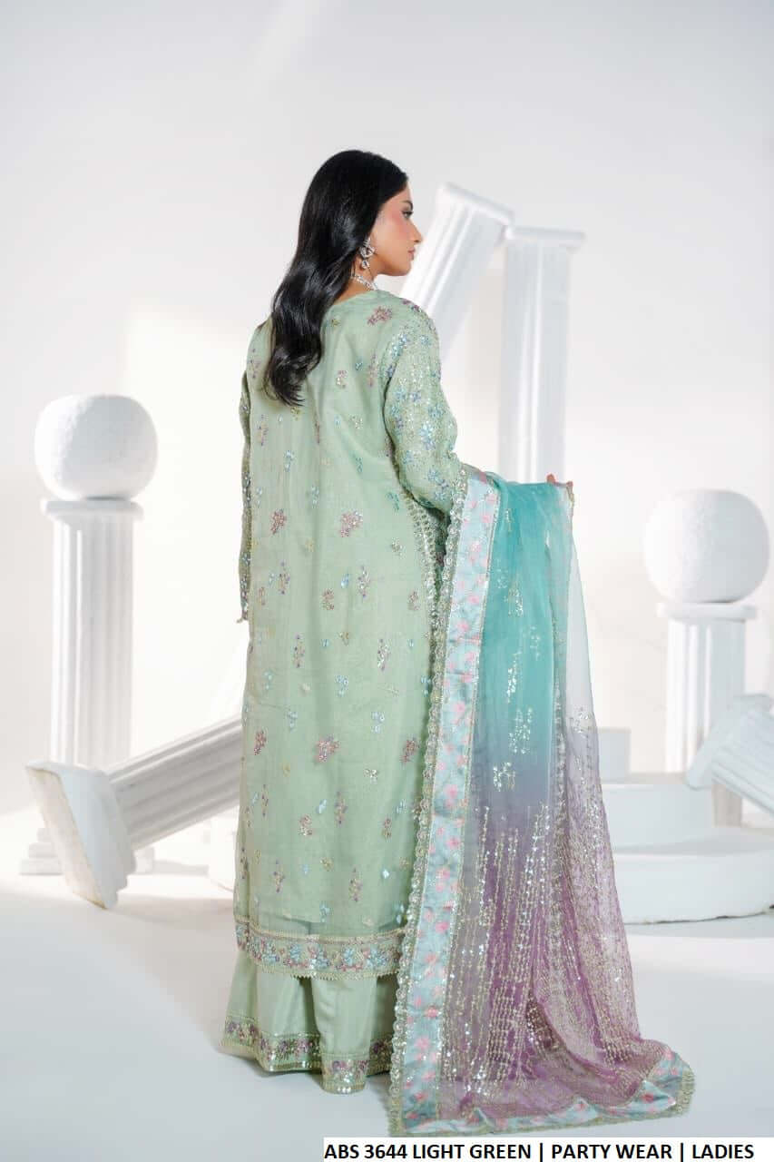 Pakistani women's light green organza open A-Line shirt detail view