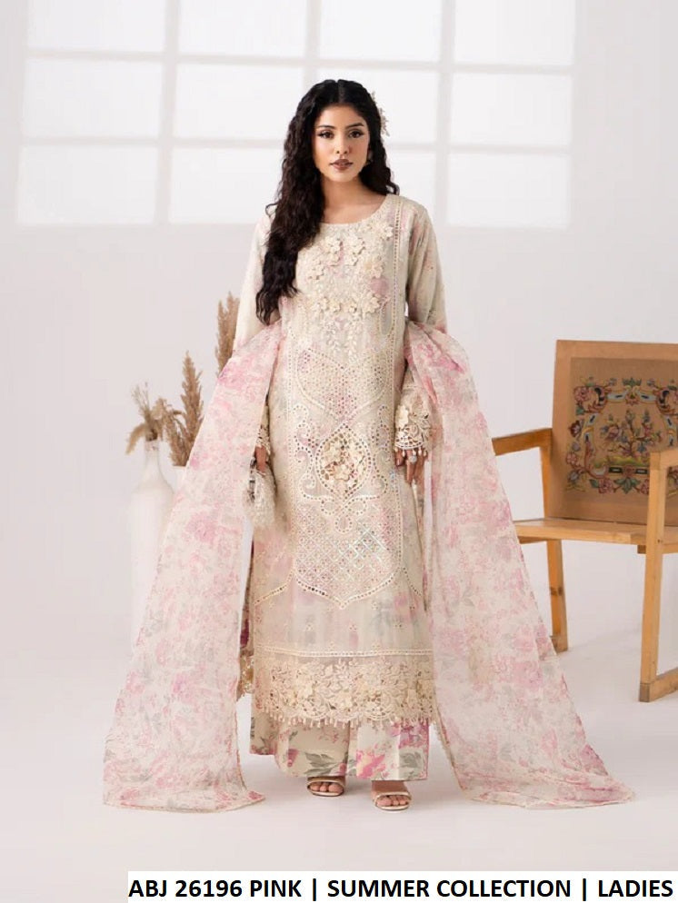 ABJ 26196 OFF WHT - Off White Chiffon Straight 3-Piece Women's Pakistani Suit