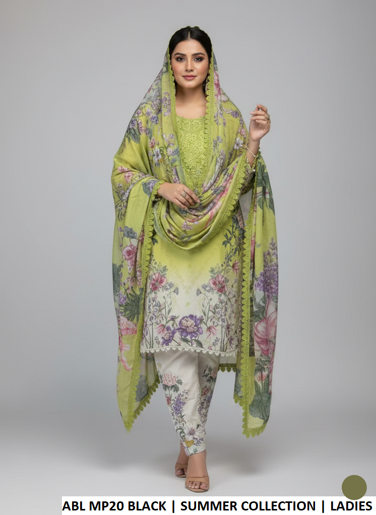 Poly lawn straight shirt parrot green - Pakistani women's casual summer outfit with digital print silk dupatta front view