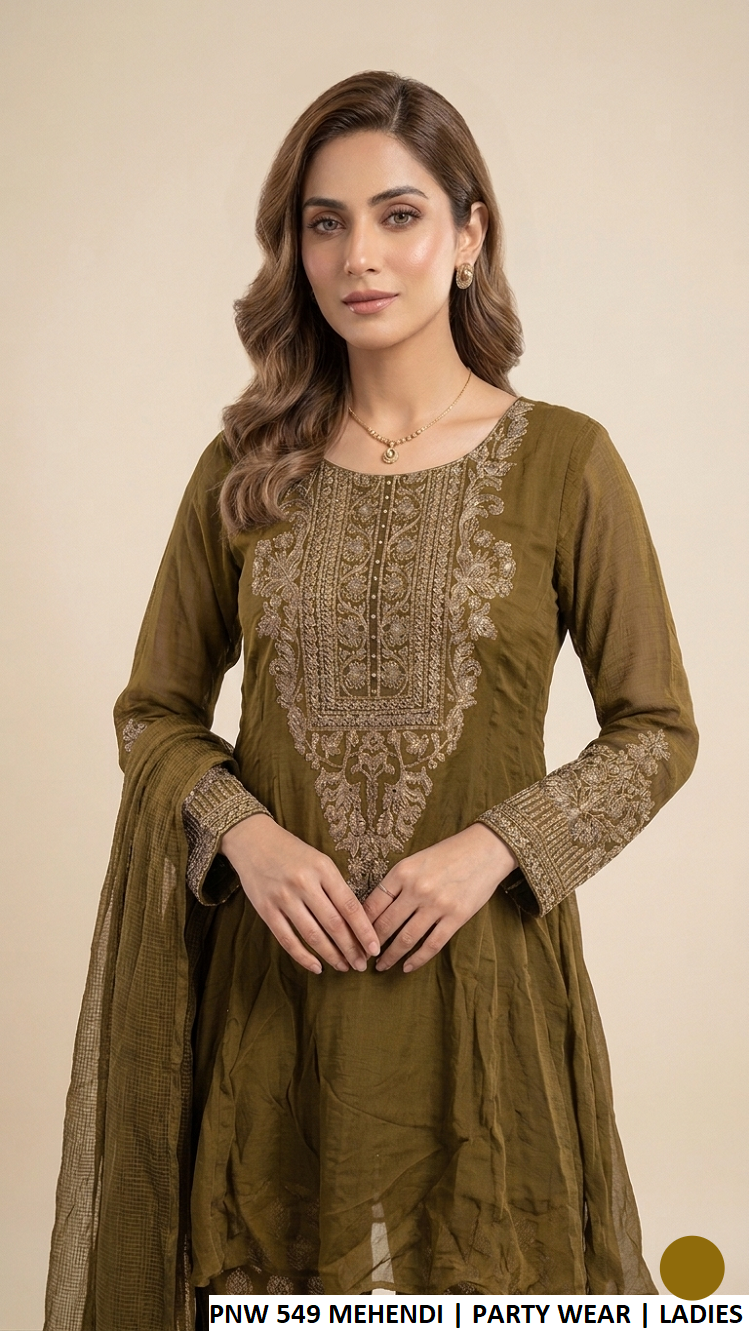 Mehendi green chiffon Pakistani women's short frock side view