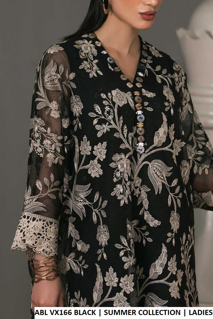 Black net Pakistani women's short kaftan shirt with plazo side view