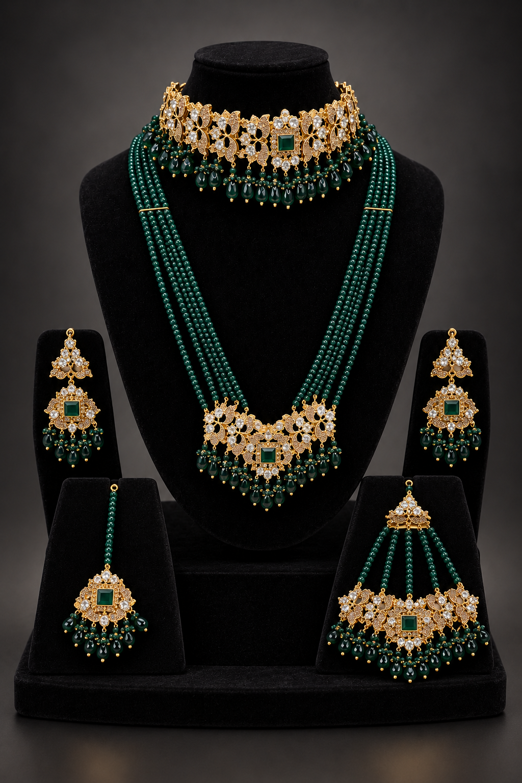 JW480 – Emerald Green & Gold Bridal Jewellery Set