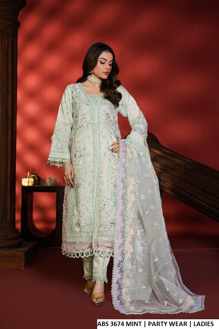 Organza straight open shirt mint - Pakistani women's elegant formal wear with viscose trouser and organza dupatta front view