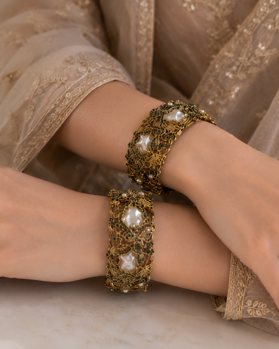 JW209 – Antique Gold Pearl & Emerald Statement Bangles - Pair