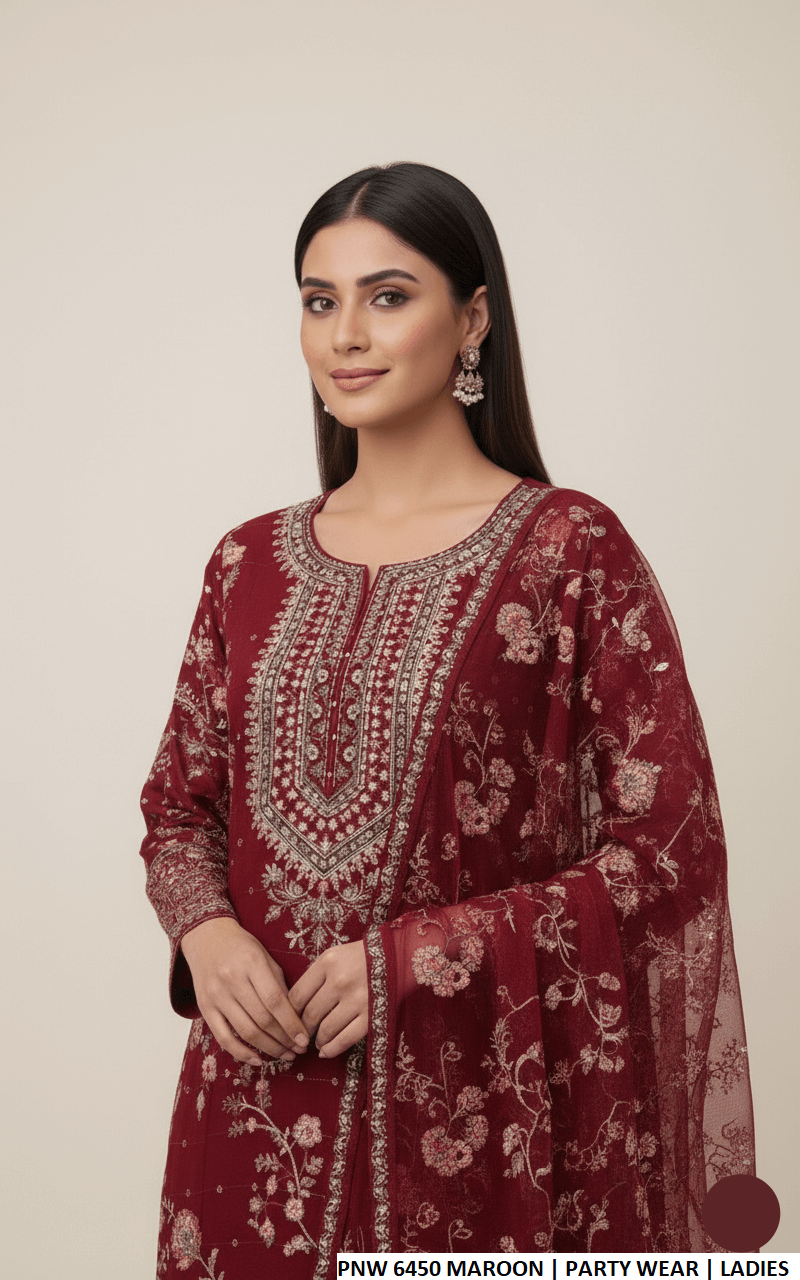 Pakistani women's maroon chiffon straight shirt grip plazo back view