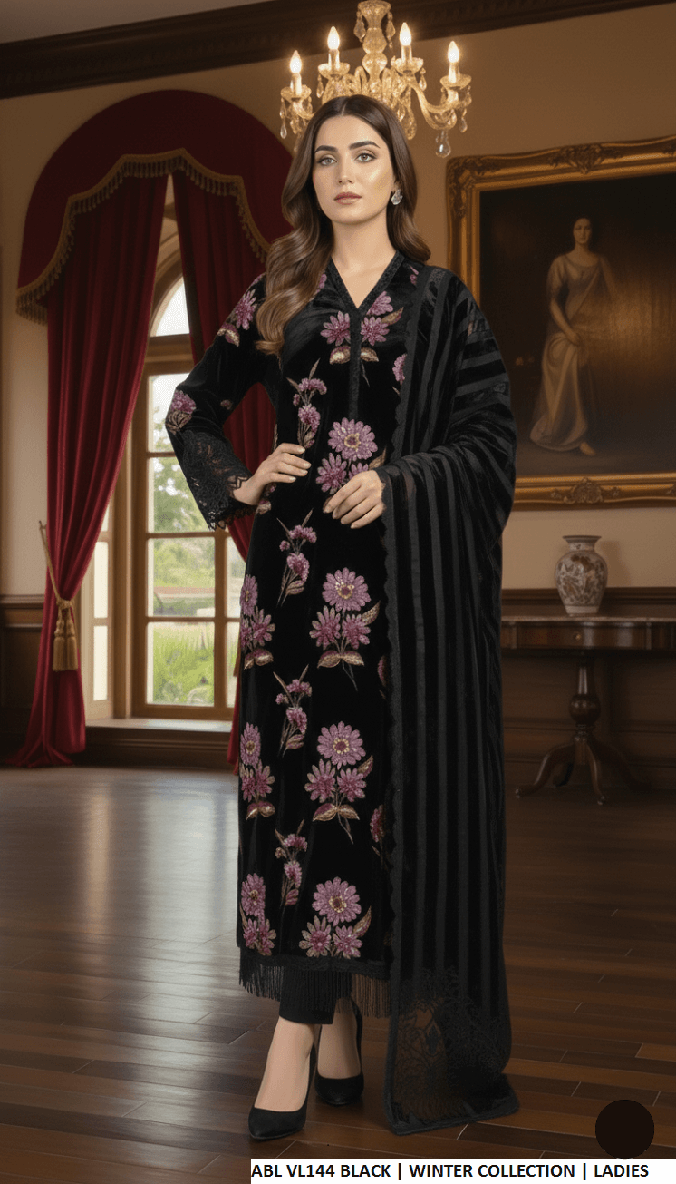 Velvet A-Line shirt black - Pakistani women's winter formal wear with grip trouser and palachi shawl front view