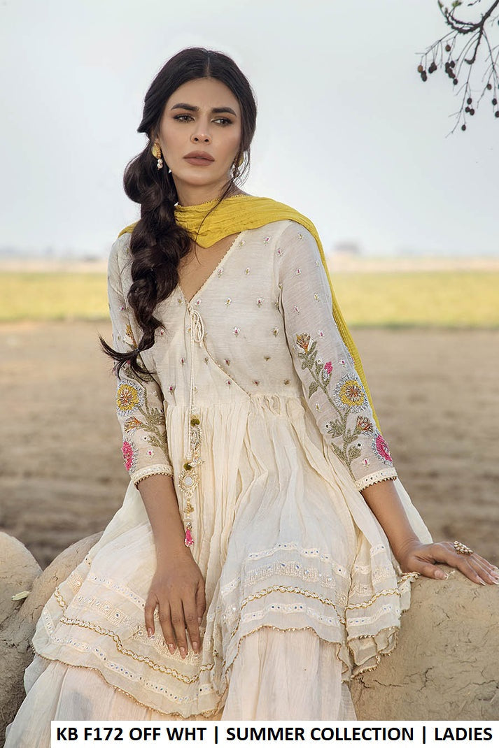 KB F172 OFF WHITE - Off White 3-Piece Embroidered Cotton Pakistani Suit for Women