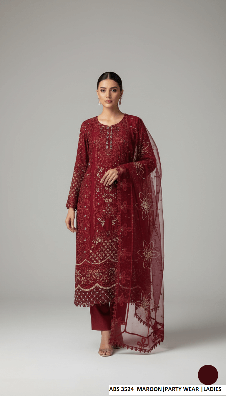 Chiffon straight shirt maroon - Pakistani women's party wear with grip trouser and chiffon dupatta front view