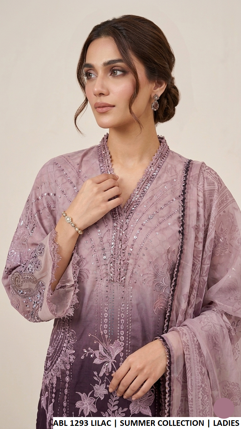 ABL 1293 LILAC - Lilac Poly Lawn A-Line 3-Piece Women's Pakistani Suit