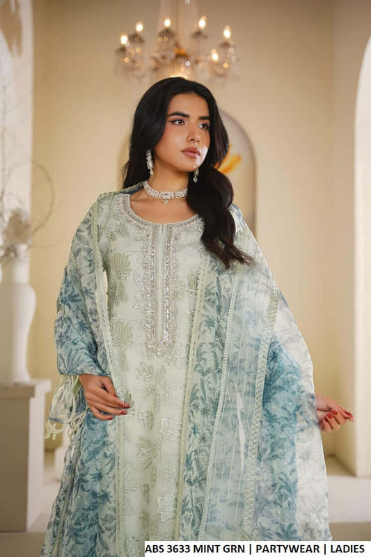 Mint green organza Pakistani women's straight shirt with plazo side view