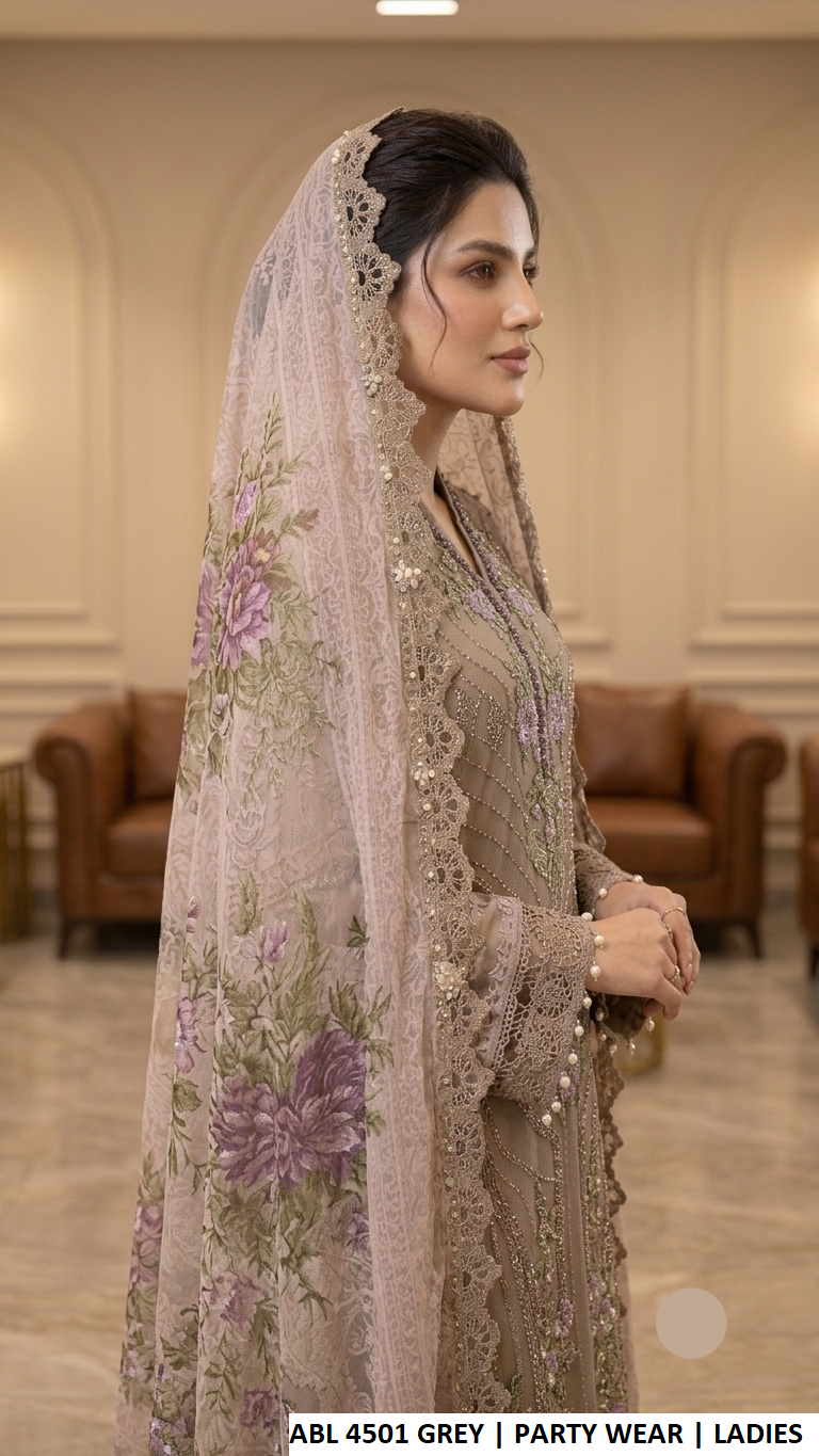 ABL 4501 GREY - Grey Chiffon Straight 3-Piece Women's Pakistani Suit