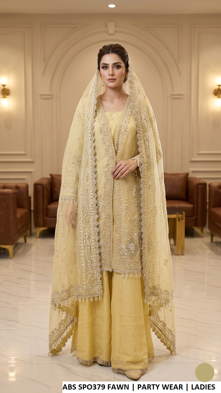 ABS SPO379 FAWN - Fawn Organza Open Shirt 3-Piece Women's Pakistani Suit