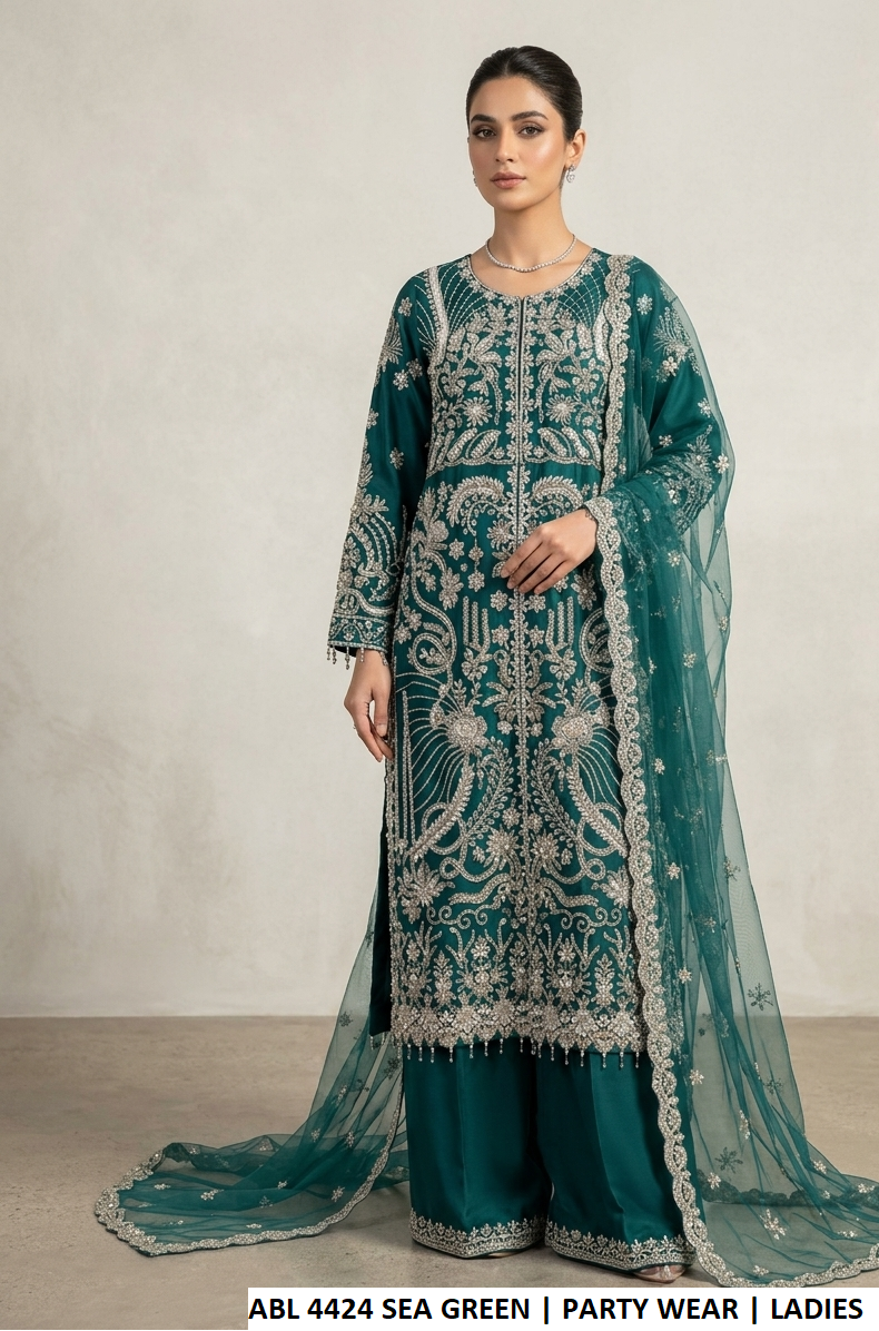 Organza open shirt plazo sea green - Pakistani women's formal party wear with grip trouser and soft net dupatta front view