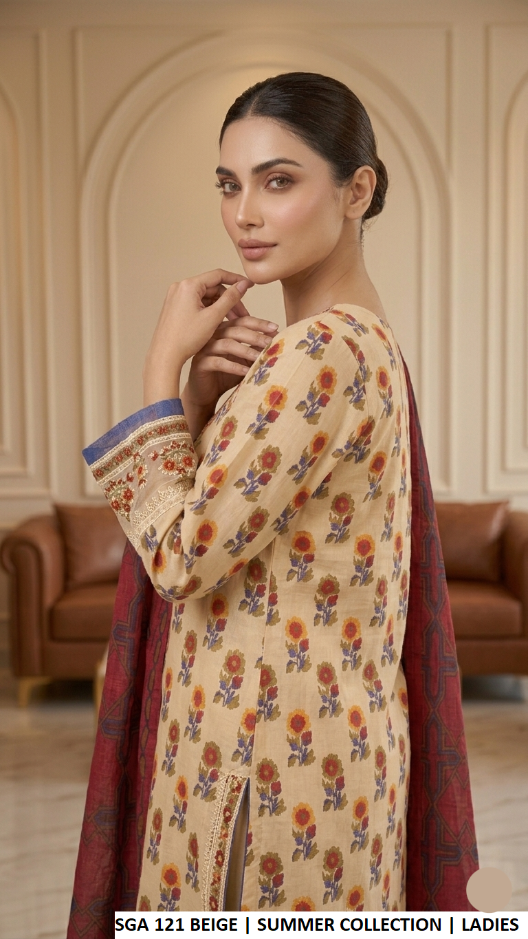 SGA 121 BEIGE - Beige Lawn 3-Piece Women's Plazo Suit for Casual Wear