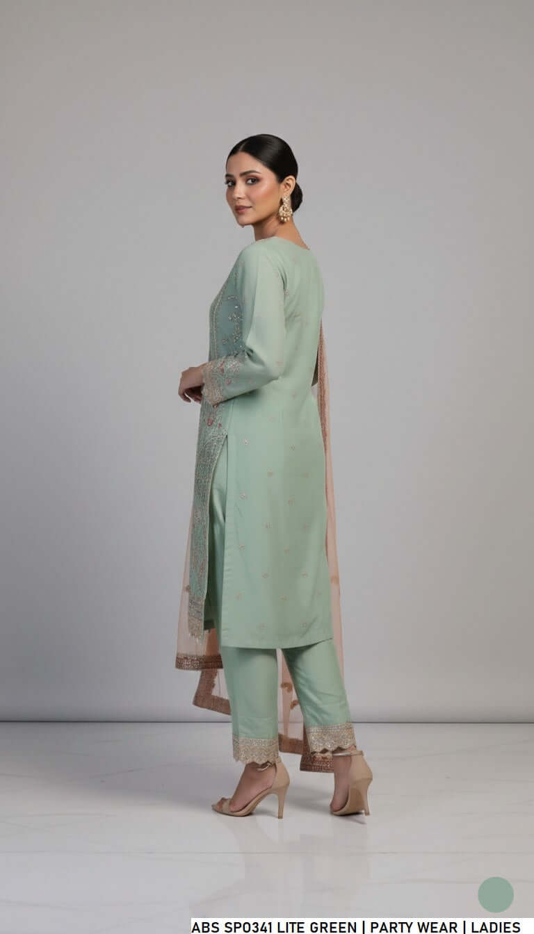 Pakistani women's light green chiffon straight shirt back view