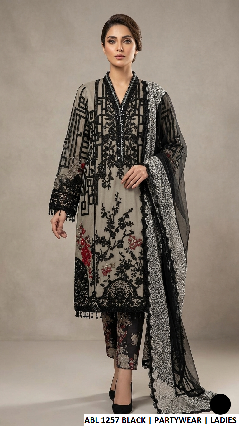 Soft net straight shirt black - Pakistani women's elegant outfit with digital printed trouser and crinkle chiffon dupatta front view